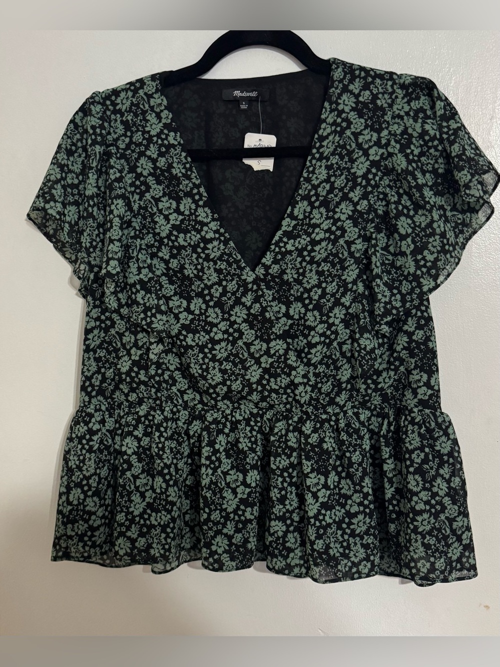 Madewell Black Georgette Floral Wrap Peplum Top with Green Print